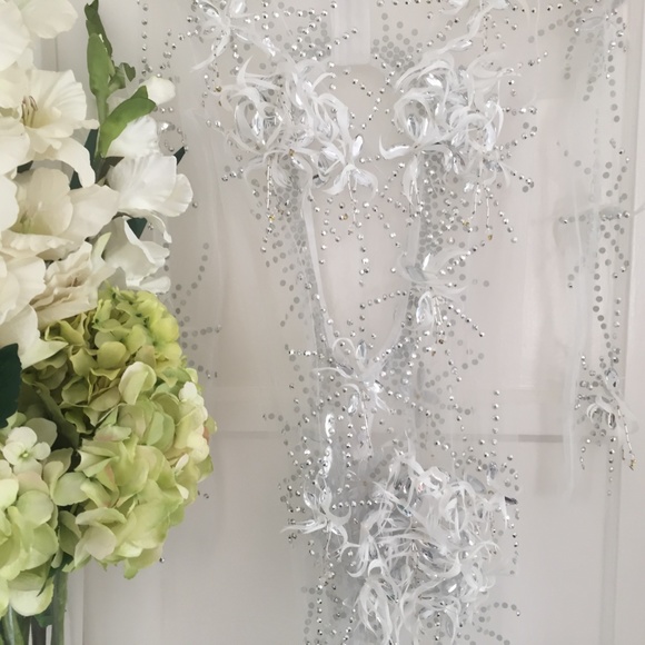 WHITE ANGEL DRESS HAND BEADED FEATHER COUTURE GOWN - Picture 8 of 16